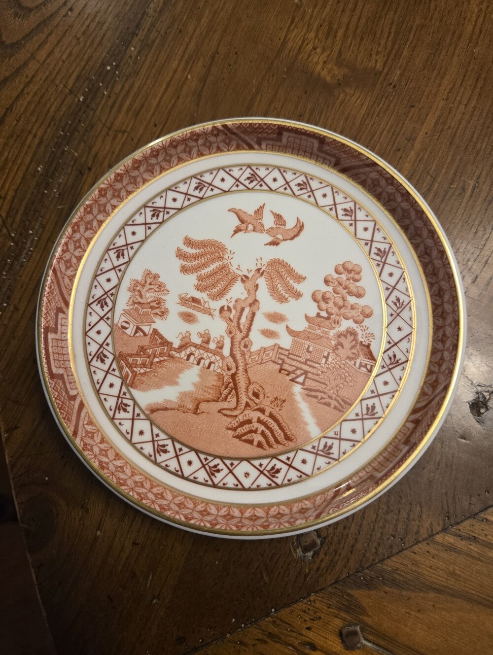 Decorative Red Transferware Accent Plate with Gold Trim